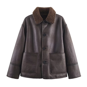 Brown faux leather reversible jacket with plush fleece collar and large front pockets