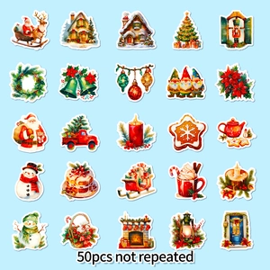50 non-repeating colorful Christmas stickers featuring Santa and Snowman in a 5x5 grid layout