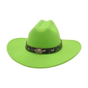 Detail of bright green felt cowboy hat with patterned band and lion head metal buckle