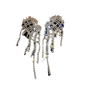 Elegant silver long tassel earrings with sparkling rhinestones and faux pearls for women