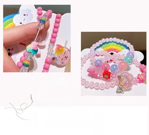 Detail of pink beaded children's jewelry set featuring cute resin cartoon charms
