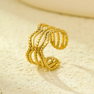 Multi-layer wavy open ring in 18K gold finish with elegant beaded texture details