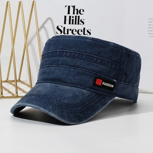 Washed navy denim army cap with FS FASHION patch shown from a 45-degree angle