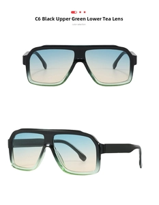 Detail view of square sunglasses featuring black and green frames with gradient lenses