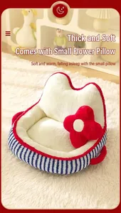 Thick warm plush pet bed featuring a soft red flower pillow and striped blue base details