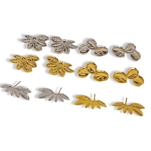 Leaf-shaped 14K gold and silver stainless steel stud earring set for women