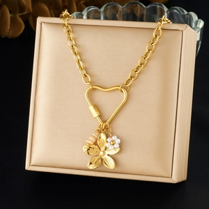 Collier Pendentif Fleur De Muguet Plaqué Or Acier Inoxydable Fermoir Mousqueton Coeur Künstliche Perle Bijoux Chic Pour Femmes