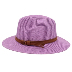 Detail of lavender straw fedora showing fine weave texture and brown leather belt