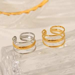 Triple Layered Open Ring Stainless Steel 18K Gold Plated Hammered Texture Minimalist Adjustable Jewelry For Women