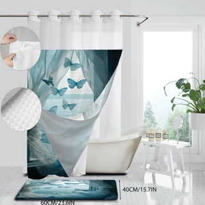 Vue détaillée du rideau de douche gaufré imperméable et de la texture du tapis de bain