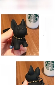 Detail of eco-friendly black French Bulldog keychain made of soft non-toxic PVC material