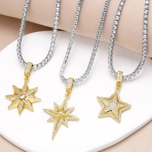 Fashion Copper Gold Plated Star Pendant Necklace For Women Zirconia Inlaid Silver Tennis Chain Octagram Pentagram Jewelry