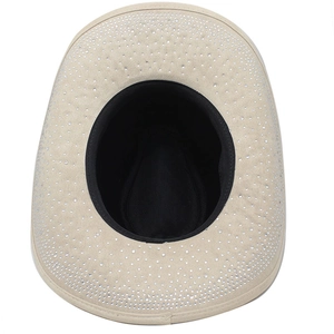 Detail of cream suede cowboy hat brim with shimmering silver rhinestones underneath
