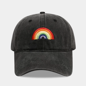 Classic washed black cotton baseball cap featuring minimalist rainbow embroidery