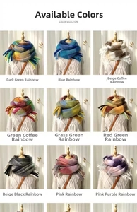 Detailed grid view showcasing nine vibrant rainbow gradient knit scarf color options
