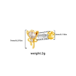 Detailed size specifications for gold heart zircon piercing earring with 0.8mm needle