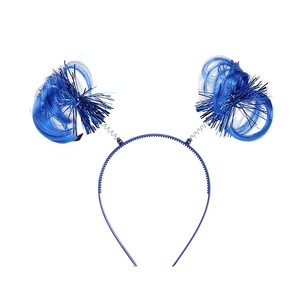 Blue tinsel wig headband for patriotic party celebrations featuring two shiny pom poms