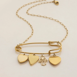 Gold paperclip necklace with heart pendants and Hamsa hand charm for women