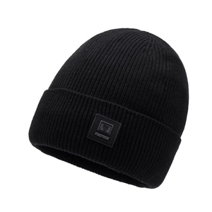 Men's winter ribbed knit beanie with warm lining and square logo patch in black