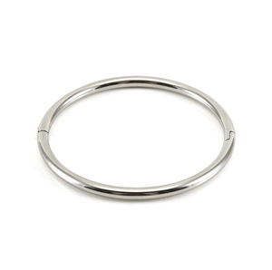 Detailed view of silver stainless steel bangle with a secure hinge closure mechanism