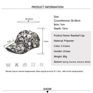 Casquette de baseball en dentelle florale avec guide des tailles et détails produits