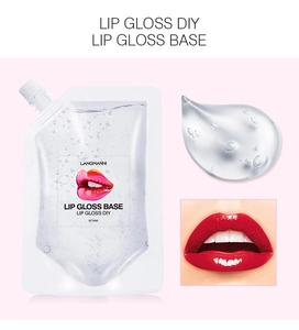 Macro shot of 50ml clear DIY lip gloss base gel texture and tube packaging