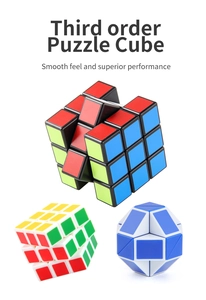 Three-piece puzzle toy set featuring black and white 3x3 cubes and a blue geometric magic snake