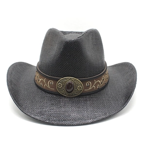 Classic dark brown straw cowboy hat with embroidered decorative band and metal buckle