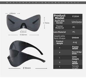 Detailed size chart for Y2K futuristic oversized wrap sunglasses with full dimensions