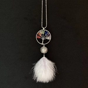 Detailed Tree of Life car pendant with seven chakra stones and white feather tassel