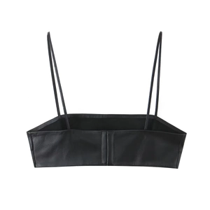 Women's minimalist black faux leather cropped camisole with thin spaghetti straps