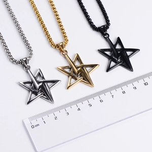 Three colors of stainless steel star and lightning pendants with measurement scale