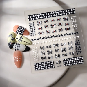 Klassische Hahnentritt-Nagelaufkleber mit Schleifen-Kristallen und French-Style-Motiven