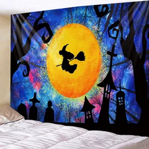 Tapisserie d'Halloween avec sorcière volante et silhouette de lune pour mur de chambre
