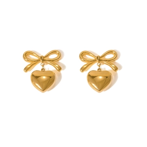 Elegant 18K gold plated stainless steel bow and heart drop earrings on white background