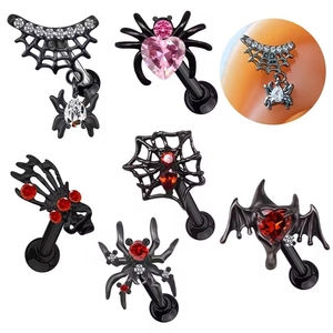 Gothic heart zircon spider and bat piercing jewelry set with black base and red gems