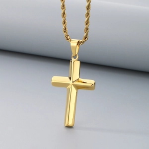 Close-up of a polished gold cross pendant necklace featuring a durable twisted rope chain