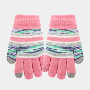 Detail view of pink striped knitted winter gloves with warm elastic ribbed cuffs for kids
