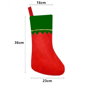 Red and green felt Christmas stocking with gold trim, size 16cm by 36cm by 23cm