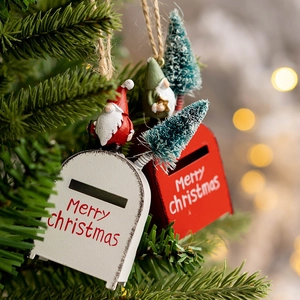 Christmas tree hanging mailbox ornaments in red and white with Santa and pine tree detail