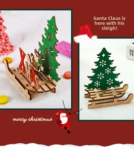Detail of DIY wooden Christmas sleigh decoration with laser-cut tree and XMAS signage