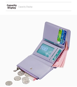 Internal view of the purple multi-slot women's wallet showing card holders and coin pocket