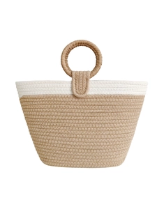 Minimalist beige woven tote bag with circular handles and spacious design for daily commute