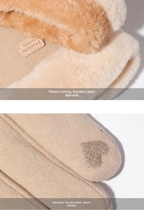 Detail of khaki winter gloves showing warm orange fleece lining and heart touch screen tips