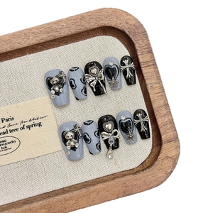 Handmade Gothic press-on nails set with 3D metal bears, hearts and bows in grey and black
