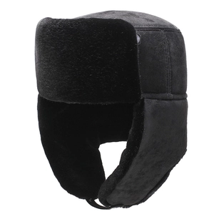 Winter men's faux suede Ushanka hat with warm fur lining and ear flaps in black