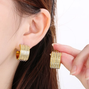 Elegant C-shaped titanium steel earrings with four rows of sparkling rhinestones in gold