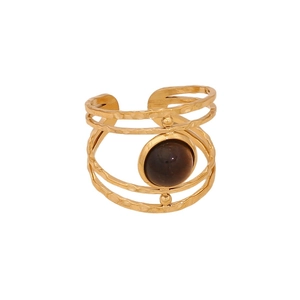 Vintage stainless steel tiger stone ring with hammered gold multi-layer band