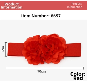 Detail view of 6cm red elastic belt with large layered fabric rose flowers for women