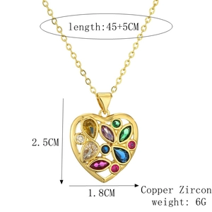 Detailed size chart for the colorful zircon heart necklace with copper dimensions